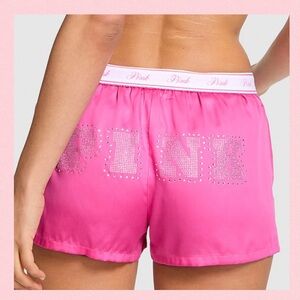 PINK VICTORIA’S SECRET Silky Pink Pajama Shorts Bling “PINK Backside Logo SMALL